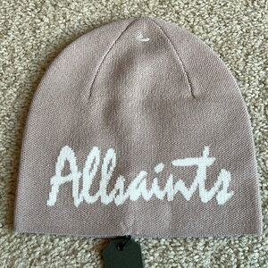All Saints Blush Pink white logo beanie hat wool head face winter holiday